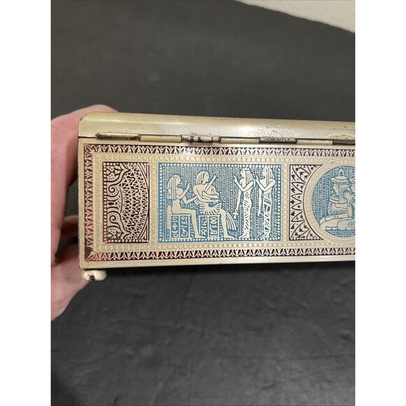 Vintage Metal Wood Lined Box Jewelry Trinket Keepsakes W Lid Egyptian 9.5”x5” - Picture 11 of 16